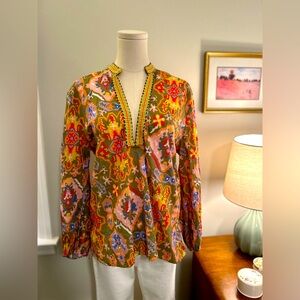 Zara Olive Green Multicolor Printed V-Neck Blouse